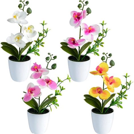 Lot de 4 fleurs artificielles - Fleurs factices - Orchidées artificielles avec vase - Mini orchidées en pot - Pots en plastique - Idéal pour mariages, fêtes, jardins, salons, tables à manger, bureaux (1/5)