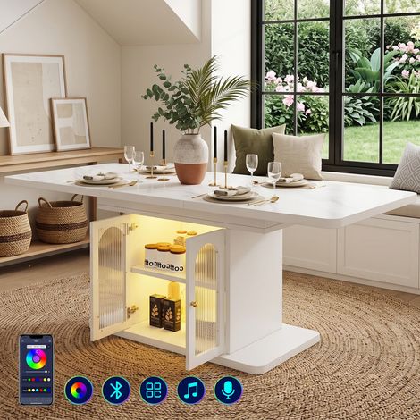 Mesa extensible 150/200x80 cm para 6-8 personas, mesa de comedor extensible con almacenaje, tablero grueso y tira LED – estilo escandinavo (1/5)