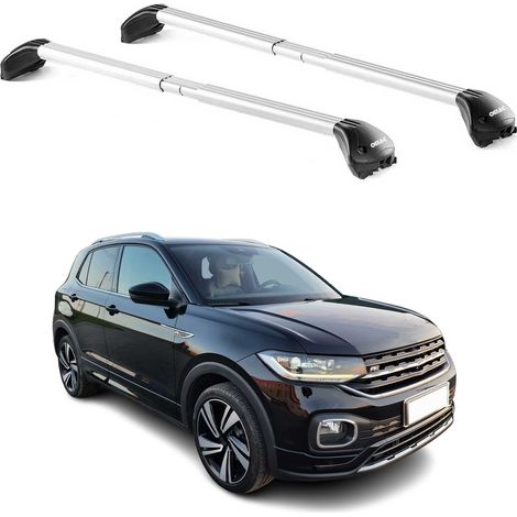 OMAC Barres de toit transversales certifiées TÜV pour VW T-Cross 2019-2026 – Verrouillables (4 antivols) – Charge max 100 kg – Sangle inox + protection caoutchouc Argent (1/4)