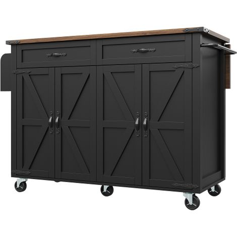 Îlot de cuisine, desserte avec plan de travail coulissant, meuble de cuisine, chariot de cuisine, desserte pour îlot de cuisine, desserte à quatre portes et deux tiroirs, desserte à quatre portes en i