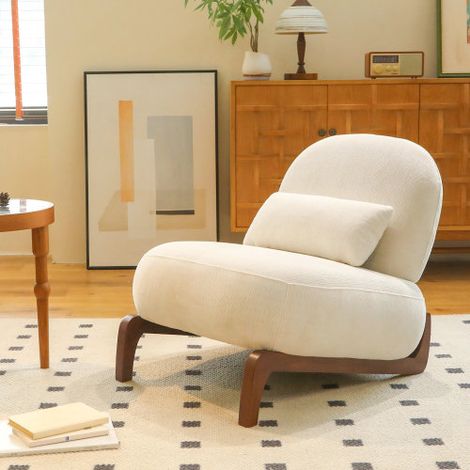 Fauteuil d'appoint avec pieds en bois massif, fauteuil de salon en velours avec coussin moelleux, fauteuil de lecture confortable sans accoudoirs pour appartement, salle d'attente ou balcon,Blanc