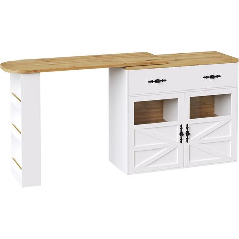 Table de bar extensible avec rangement, plateau MDF blanc, rotation 360°, 138-204×39×104 cm (1/5)