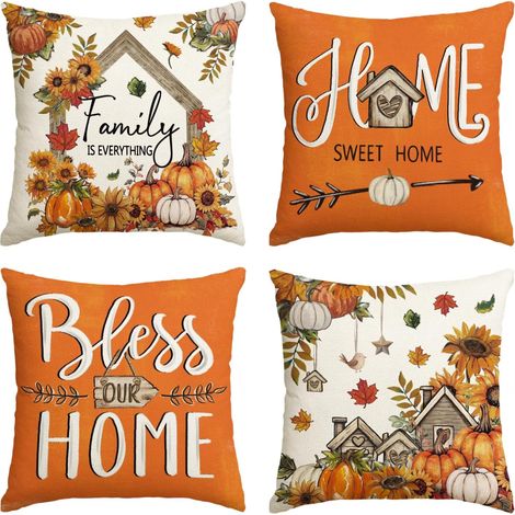 Fundas de cojín con diseño de calabazas y girasoles otoñales, juego de 4 (45 x 45 cm). Decoración otoñal naranja "Bless Our Home" para sofá, sillón o sala de estar. (1/5)