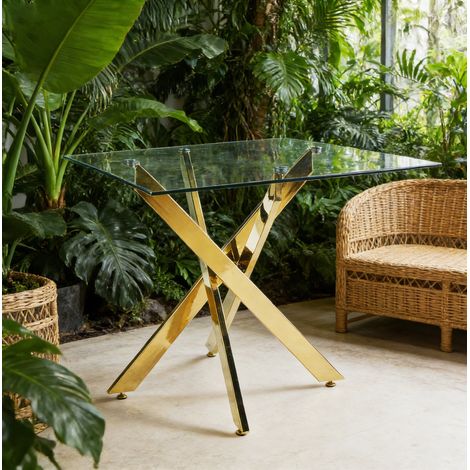 Table a manger carree 80x80x75 cm en verre trempe avec pieds croises en metal dores, OKWISH (1/5)