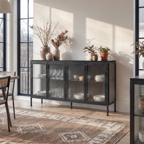 Sideboard Glas-Sideboard mit LED Lichtleiste, Schwarz, MDF+Glas, 152,439.979.2cm (1/5)