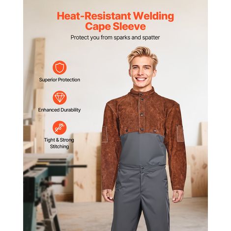 Cape de Soudage Cuir de Vachette, Veste de Soudage Résistante aux Flammes, à Chaleur, avec Poches à Outils, Cape de Protection pour… (1/5)