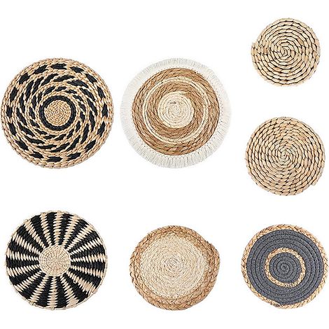 Decoración de pared Juego de 7 cestas tejidas con fibras naturales estilo bohemio Para sala de estar, recibidor y dormitorio Decoración hecha a mano