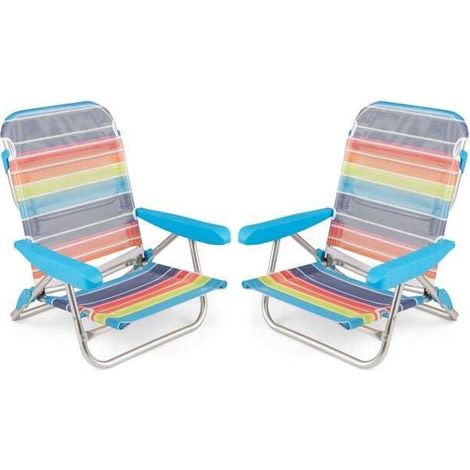 Lot de 2 fauteuils de plage pliables multicolores avec accoudoirs, dossier réglable et sangle pour plage, jardin et camping (1/5)