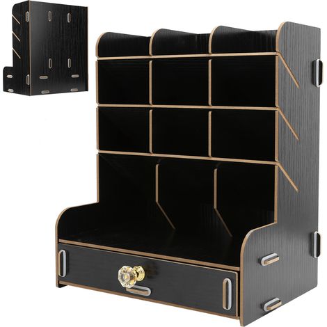 Étagère de bureau en bois avec rangement stylos et boîte à fournitures multifonction pour bureau domestique (Noir)