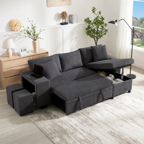 Sofá cama en L 3 plazas con puertos USB, cojines, estanterías laterales, almacenamiento y función cama, gris (1/5)