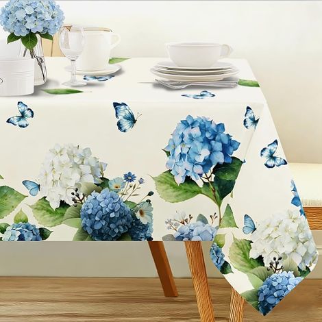 Nappe d'hortensia bleue et blanche de 152,4 x 228,6 cm, nappe de table à motif de feuilles vertes, aquarelle, floral, papillon, nappe fraîche et romantique pour pique-nique, mariage (1/5)
