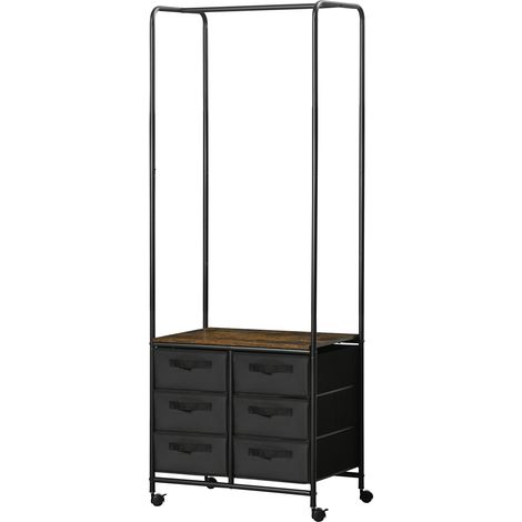 Meuble dressing penderie style industriel avec 6 tiroirs en tissu et 4 roulettes 63,5 x 40 x 172,5 cm noir marron (1/5)