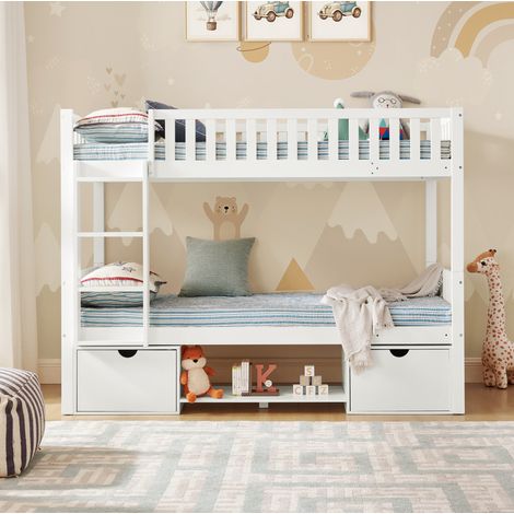 Lit superposé 90x200 cm enfant convertible en 2 lits, avec rangements, échelle et sommier à lattes, bois blanc (1/5)