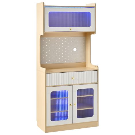 Meuble haut naturel LED, vitre gaufrée étagères réglables cuisine salon