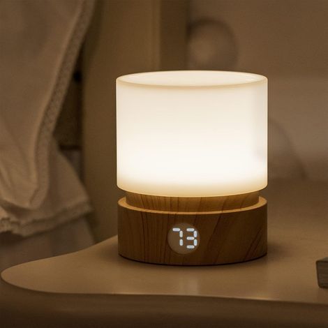 Lámpara de noche con temporizador, pequeña lámpara de mesa para mesita de noche, luz nocturna LED para niños, luz nocturna para bebés, acabado imitación madera, regulable, funciona con pilas, recargab (1/5)