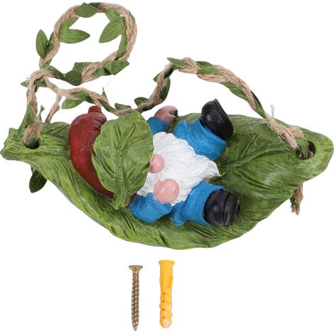 statue jardin exterieur-Figurine Gnome Couché sur Hammock feuille Décor de Jardin Extérieur Résine Durable - Ornement Fairy Garden pour Cour et Balcon (Statue Swing) (1/5)