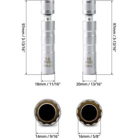 Douille À Bougie - 14 mm Et 16 mm - Tête Rotative 360° - Paroi Fine 12 Pans - Entraînement 3/8 - Magnétique - Lot De 2 (1/5)
