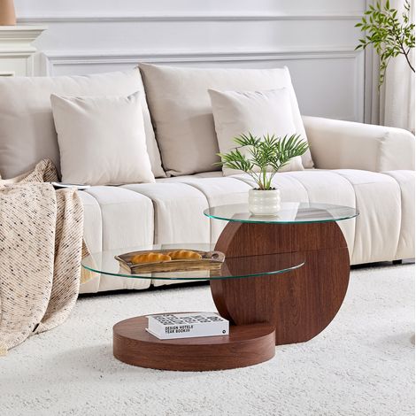 Table salon verre trempé double plateau MDF noyer OKMYHOME (1/5)