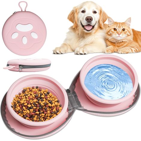Gamelle double pliable rose pour animaux de compagnie (2x 450 ml) avec dossier de rangement – Gamelle de voyage pour eau et nourriture, pour chiens et chats (1/5)