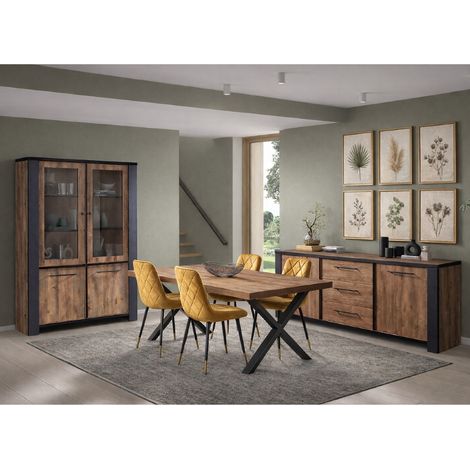 Salle à manger complète industrielle 6 places – Buffet bas en bois avec 2 portes et 3 tiroirs – Vitrine avec 2 portes vitrées – Table 200cm avec pied en X (1/5)