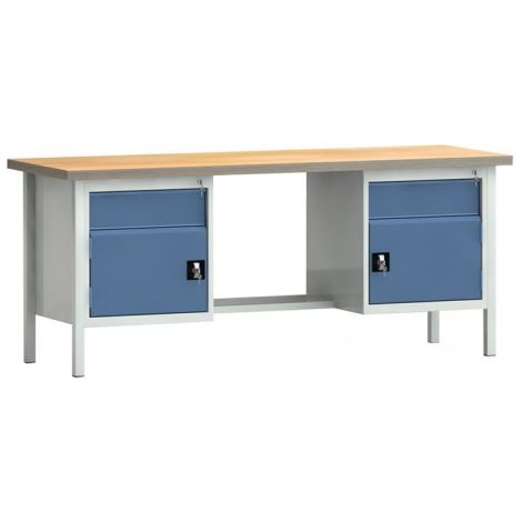Établi PW 700 l.2000xP700xH840 mm hêtre Multiplex gris clair, RAL 7035 bleu brill., RAL 5007 2 tiroirs 2 portes