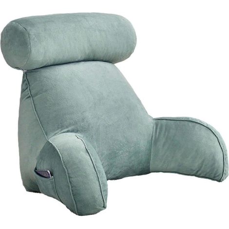 Coussin de lecture avec accoudoirs - Grand dossier pour adulte, poches latérales, coussin cervical amovible, idéal pour regarder la télévision ou lire. Bleu clair. (1/3)