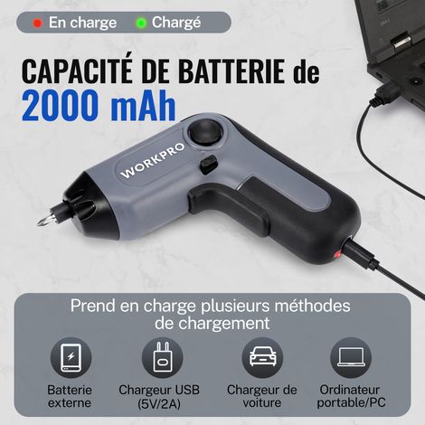 Workpro – Perceuse-visseuse sans fil 3,6V 6Nm – Batterie 2000 mAh avec charge rapide Type-C – 21 embouts et barre d'extension – Lumières LED intégrées — vue 5