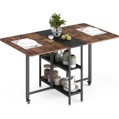 Table à Manger Pliante Mobile avec 2 étagères Ouvertes pour Petits espaces, Salle à Manger, Cuisine, 140 x 80 x 75 cm, Marron Rustique et Noir (1/5)