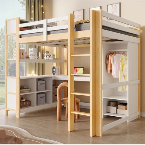 Letto a soppalco minimalista 140x200 cm in pino naturale con scrivania, scaffali, armadio e barriera di sicurezza