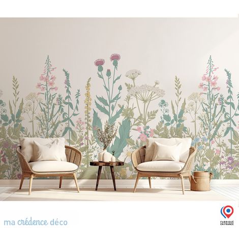 Papier peint : Fleurs sauvages et colorées 2 - Intissé - L.200 x H.280 cm - Vert olive (1/5)