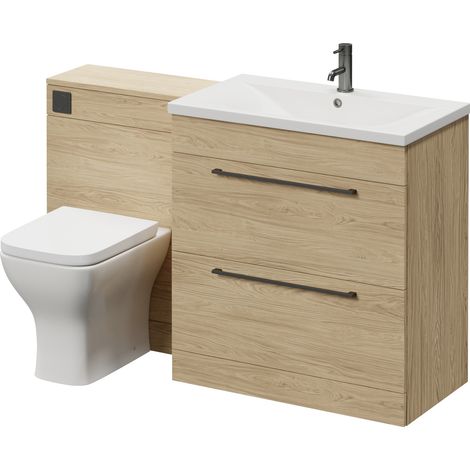Napoli 460 Cento Light Oak 1400mm 2 Drawer Vanity Unit Toilet Suite with Glide Basin - 1400mm - Gunmetal Grey 480mm HandleWith Kingston Toilet Pan and Seat