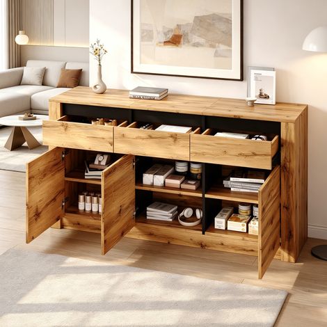 Credenza 140/35/70 cm effetto legno ondulato naturale con 3 cassetti e ripiani regolabili (1/5)