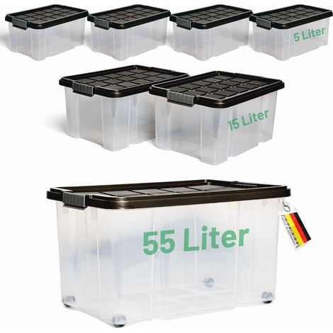 Coffret de rangement Novaliv 7 pièces avec couvercle, anthracite, 1x55 L + 2x 15 L + 4x 5 L, emboîtables, empilables, fermeture à clip, boîtes à