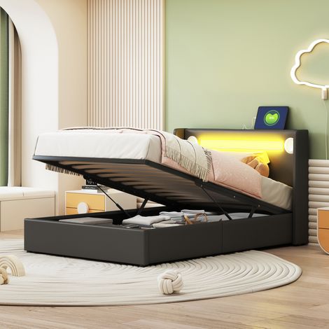 Letto per bambini imbottito 90x200 cm nero, similpelle PU, con testiera, LED, Bluetooth, USB e vano contenitore (1/5)