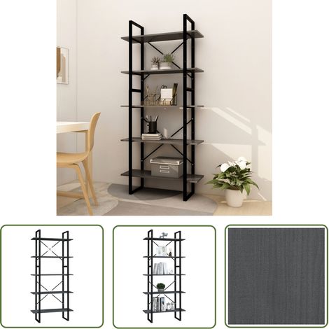 The Living Store Bücherregal 5 Fächer Grau 80x30x175 cm Massivholz Kiefer - BucheRegal - Holzmöbel - Industrielles Design - Wohnraumgestaltung - Aufbewahrungslösung (1/5)