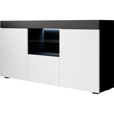 Aparador de salon con LED  Aparador de cocina  Mueble de salon  Recibidor  135x73x34cm  Modelo Sefora  Negro y Blanco mate