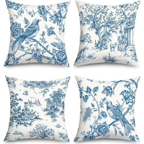 Housse Coussin 40x40 Lot de 4 Fleurs Bleu Chinois Vintage Oiseaux (1/5)