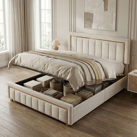Lit coffre 140x190, lit double capitonné, lit adulte avec rangement hydraulique, décoration bordure dorée, velours, sommier Inclus, style élégant scandinave(140x190cm, Beige)