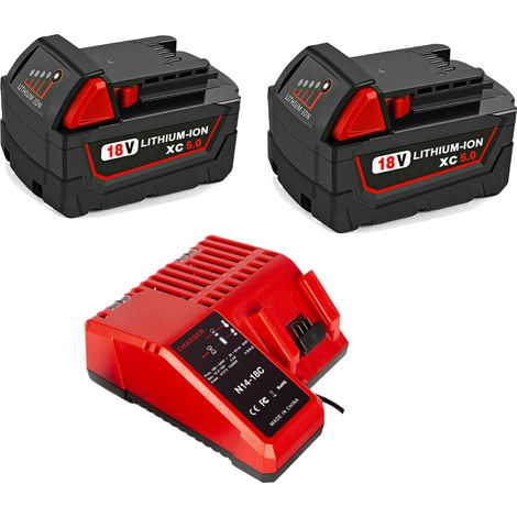 2X Battery & charger for Milwaukee 18V 5000mAh 48-11-1828 48-11-1840 C18B M18BX Li18 M18B4 M18 XC and Milwaukee Charger m18 48-59-1812 48-59-1807 48-59-1806 48-59-1840 2710-20 (1/5)