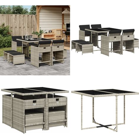 9-tlg. Garten-Essgruppe mit Kissen Hellgrau Poly Rattan - Gartenmöbel Set - Gartentisch - Gartenstühle - Gartenhocker - Rattan Möbel - Home & Living (1/5)