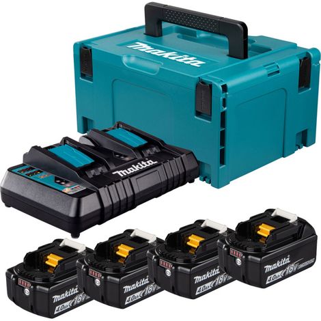 MAKITA Pack de 4 Batteries Li-Ion 18V 4Ah BL1840B + Chargeur double DC18RD + Coffret Makpac 3 (1/5)