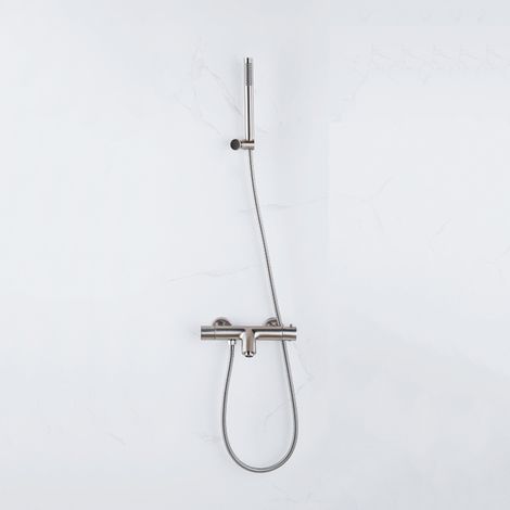 Fortifura Calvi Robinet de baignoire thermostatique avec douchette stick, support et flexible en métal Inox brossé PVD (1/2)