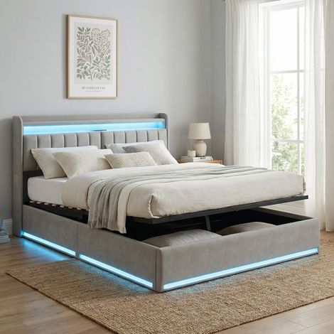 Letto contenitore 160x200, illuminazione LED RGB e prese USB/Type-C, letto matrimoniale, letto per adulti con apertura idraulica, testiera con cano contenitore, velluto, scandinavo, Grigio