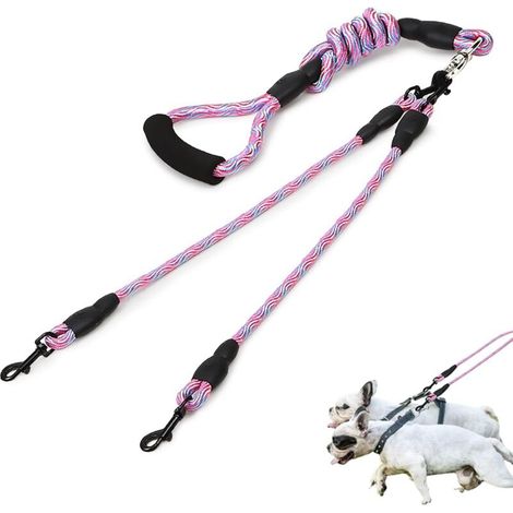 Double Dog Leash, 2 Dog Leash, Detachable Double Dog Leash Anti-Tangle Comfortable Grip Walking Training for Two Medium or Large Dogs (Pink)