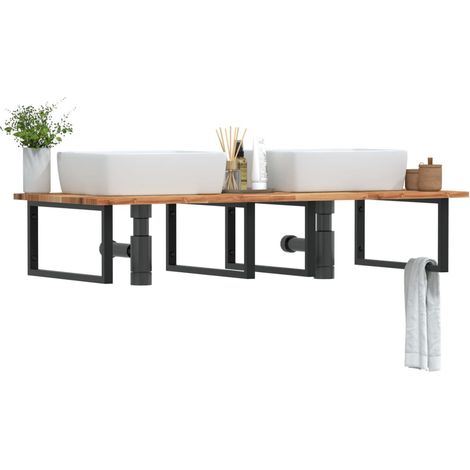 Étagère murale pour vasque en acier et acacia massif noir, 140 x 60 cm, 4 supports - PANGIVO (1/5)