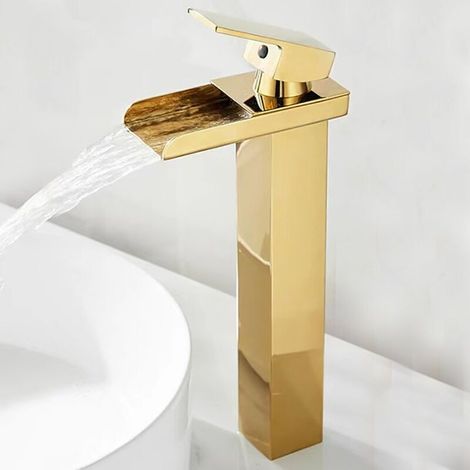Garden FutureMitigeur de lavabo cascade noir, robinet salle de bain avec haut bec cascade. Design moderne en laiton, fonction eau chaude et froide, finition noire mate et élégante.