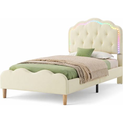 Lit rembourré 90x200 cm avec tête de lit ondulée, LED multicolores changeantes et cadre à lattes en bois, beige, pour chambre enfant CHICFURN (1/5)