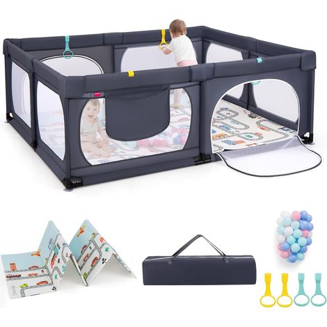 COSTWAY Parque Infantil Bebe,189 x 158 cm,Centro de Actividades para Bebés de 0 a 3 Años con 4 Anillas de Tiro y 50 Bolas Plásticas, Puerta y Malla, Bolsillo y Bolsa de Transporte (Gris oscuro)