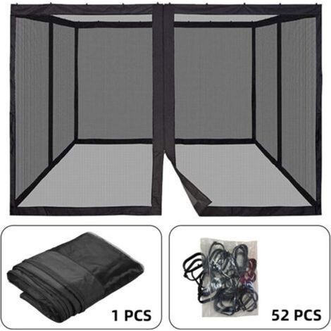 Moustiquaire de terrasse 300x300cm – Maille polyester anti-moustiques – Conception à 4 portes – 52 crochets inclus – Noir (1/5)