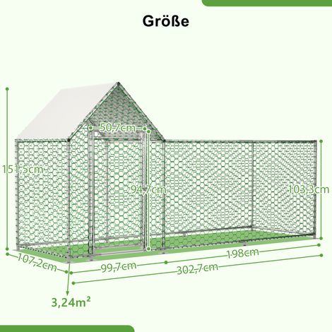 Poulailler/enclos de 3 x 1 x 1,5 m avec verrou de sécurité et bâche imperméable en PE, enclos métallique pour petits animaux (poules, lapins et autres petits animaux). (1/4)
